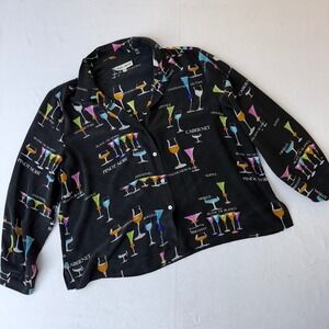 Nicole Taylor 2X Black Silk Wine Cocktail Glass Beaded Button Down Shirt